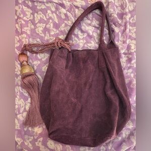 Large eggplant purple Italian suede unstructured tote and pouch